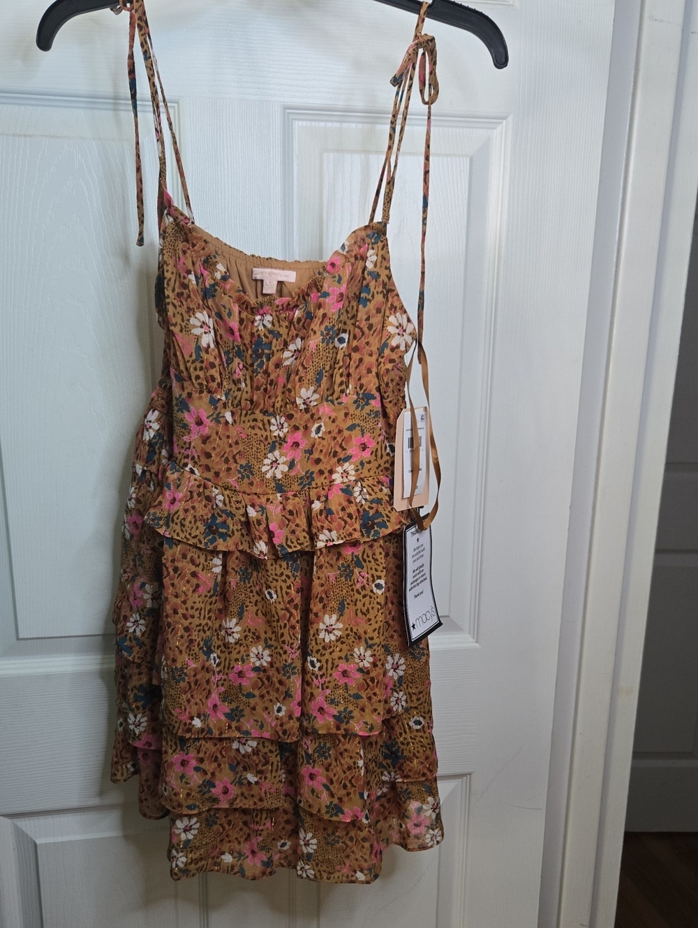 City Studio Mustard Floral Tiered Ruffle Dress with Pink Accents
